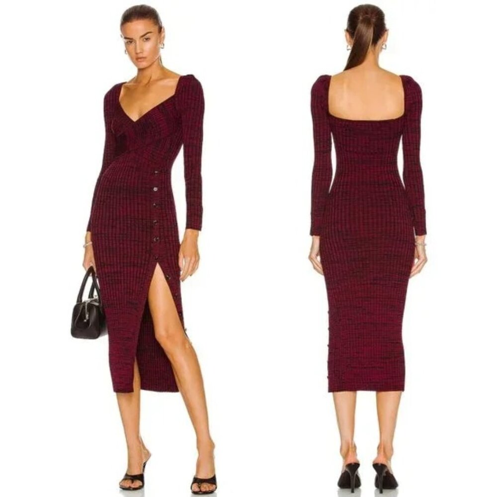 Self portrait Ribbed sweetheart Knit Midi Sweater Dress in Long Sleeve maroon